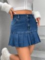 Pleated Hem Denim Skirt