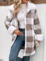 SHEIN Frenchy Women's Fashion Plaid Patchwork Coat With Fur Collar And Buttons