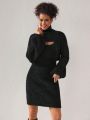 Amiko Solid Color Strap Dress With High Neck Lantern Sleeve Cardigan Two Piece Set