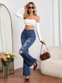 Ripped Raw Hem Flare Leg Jeans