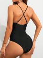 SHEIN Swim Basics Women'S Solid Color Ruffle Detailing One-Piece Swimsuit With V-Neckline