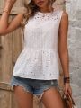 Women'S Lotus Leaf Hem Sleeveless Top With Hollow Out Embroidery Detail