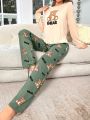 Bear Print Long Sleeve T-Shirt And Long Pants Pajama Set