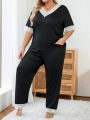 Plus Size Women's Casual Lace Trim Pajama Set