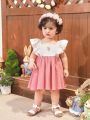 SHEIN Baby Girl's Holiday & Casual Floral Patterned Colorblock Ruffle Hem Dress