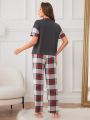 Women's Color Block Short-sleeve Plaid Long Pants Pajama Set