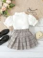 Baby Girls' Preppy Style Brown Plaid Shirt And Skirt Set For Spring And Summer