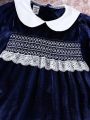 Baby Girl Contrast Collar Flounce Sleeve Lace Trim Peter Pan Collar Smock Dress