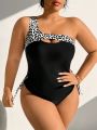 SHEIN Swim SXY Plus Size Leopard Print Monokini With Cutout One Shoulder And Sleeveless Design