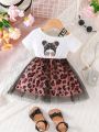 Infant Girls' Fashionable & Romantic Leopard Print Mesh Dress With Girl Pattern