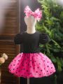 SHEIN Kids CHARMNG Young Girl's Elegant Style Three-Piece Set - Round Neck Puff Sleeve Twisted Knit T-Shirt, Polka Dot Skirt, Bow Hair Accessory