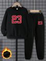 2pcs/set Boys' College Style Digital Print Fleece Crewneck Sweatshirt And Cargo Pants Outfits