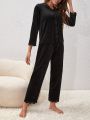 Contrast Lace Trim Velvet PJ Set