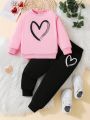 SHEIN Kids SUNSHNE Toddler Girls' Love Heart Pattern Long Sleeve Two Piece Set For Autumn And Winter