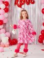 SHEIN Kids CHARMNG Little Girls' Romantic Lady Style Love Heart Printed Mesh Patchwork Dress With Leggings, 2pcs/Set