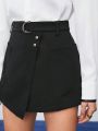 SHEIN BIZwear Women's Solid Color Button Detail Patch Pocket Shorts