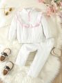 Baby Girls' Contrast Color Decor Flounce Hem Sweatshirt And Pants Set In Corduroy