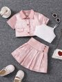 SHEIN Kids CHARMNG 3pcs/Set Young Girls' Vest Top, T-Shirt, Skirt With Faux Pocket And Rhinestone Decor, Summer Outfits