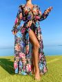 SHEIN Swim Classy New Arrival Printed Waist-Tie Japanese Style Kimono