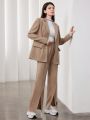 SHEIN Mulvari Lapel Collar Double Pocket Suit Jacket And Pants Set