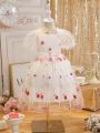 SHEIN Kids EVRYDAY Young Girl's Summer New Strawberry Embroidery Mesh Sweet Puffy Princess Dress