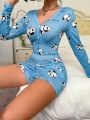 Women'S Cartoon Panda Printed Long Sleeve Sleepwear Shorts Set