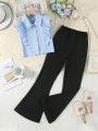 2pcs/Set Teenage Girls' Suit With Cardigan & Ruffle Hem Top, Knotted Hem & Flared Pants For Spring And Summer