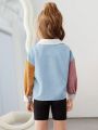 SHEIN Kids EVRYDAY Little Girls' Color Block Loose Fit Corduroy Casual Jacket With Weave Pattern