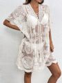 SHEIN Swim Chicsea Women'S Tie Front Fringe Embroidered Mesh Cover Up