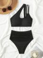 SHEIN Swim BAE One Shoulder Ribbed Knit Ruched Bikini Swimsuit Set