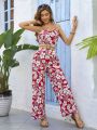 SHEIN VCAY Vacation Floral Print Suspender Jumpsuit For Women