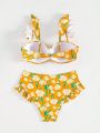 SHEIN Swim Mod Random Floral Print Ruffle Trimmed Bikini Swimsuit Set