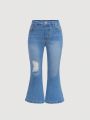 SHEIN Toddler Girls' Lovely Comfortable Blue Skinny Stretch Distressed Denim Flare Pants