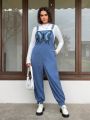 SHEIN Qutie Plus Size Denim Blue Butterfly Applique Embroidery Jumpsuit