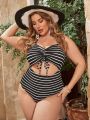 SHEIN Swim Vcay Plus Size Striped Hollow Cutout One-Piece Swimsuit With Drawstring