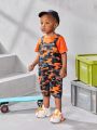 Baby Boys' Summer Orange Round Neck Top With Overall Shorts Set