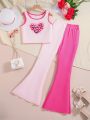 Teen Girls' Simple Sleeveless Heart Printed Vest And Long Pants Two Piece Set For Spring/Summer