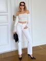 SHEIN Essnce Off-Shoulder Bell Sleeve Cropped T-Shirt