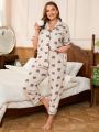 Plus Size Cartoon Printed Color Block Pajamas Set With Contrasting Trim