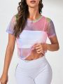 SHEIN Yoga Sxy Tie Dye Fishnet Sports Tee Without Bra