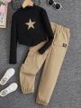 SHEIN Kids HYPEME Teenage Girls' Knitted Stand Collar Long Sleeve T-Shirt And Cargo Pants Sportswear Set With Edgy Design