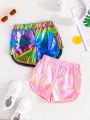 SHEIN Kids QTFun 2pcs/set Girls' Fashionable Trendy Laser Shorts