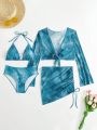 DAZY Women'S Tie-Dye Printed Halter Neck Separated Swimsuit Set With 4 Pieces