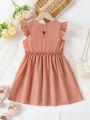 SHEIN Kids SUNSHNE Little Girl'S Mid-Length Summer Floral Pattern Round Neck Dress With Flying Sleeves And Button Decoration Is Suitable For Outings And Vacations