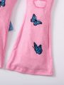 SHEIN Kids SUNSHNE Little Girls' Butterfly Pattern Printed Bell-Bottom Jeans