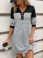 SHEIN LUNE Ladies' Striped Colorblock Button Detail Dress