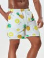 Men's Fruit & Letter Printed Drawstring Waist Beach Shorts