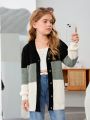 SHEIN Tween Girls' Casual Loose Fit Colorblock Cardigan With Button-up Front