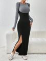 SHEIN Privé 2pcs/Set Long Sleeve Slim Fit T-Shirt And High Split Strap Dress