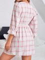 Grid Pattern Home Wear Dress With Bow Decoration And Flare Sleeves